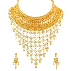 24ct Gold Plated Brass Bridal Wedding Choker Necklace Set with Earrings For Women and Girls.