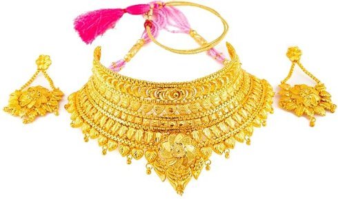 24ct Gold Plated Brass Bridal Wedding Choker Necklace Set with Earrings For Women and Girls.