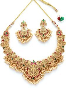 South Indian Traditional Stylish Gold Plated with Beaded Studded Choker Necklace with Dangle Earring Jewellery Set for Women & Girls