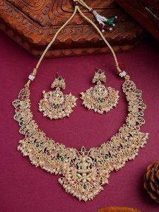 South Indian Traditional Stylish Gold Plated with Beaded Studded Choker Necklace with Dangle Earring Jewellery Set for Women & Girls
