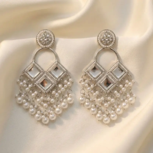 TESSARA Silver-Plated Diamond & Pearl Jhumka Earrings for women Alloy Drops & Danglers