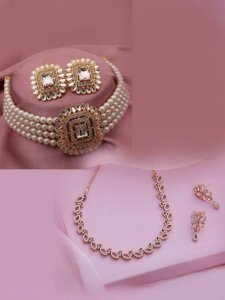 Brass Gold-plated Rose Gold, Gold, White Jewel Set (Pack of 2)