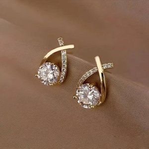 Gold Plated Korean Fashion CrystalStone Cross Pearl Zircon Stud Earrings Alloy Stud Earring