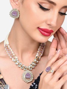 Gold-Plated Kundan-Studded Necklace & Earrings With Finger Ring