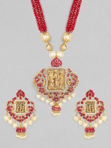 Gold-Plated & Red Stone-Studded & Pearl Beaded Handcrafted Jewellery Set