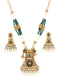 Gold-Plated Green Floral Enamel Rani Haar Necklace Set