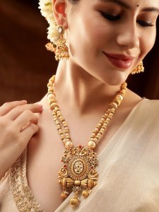 22K Gold Plated Ruby,Emerald Kundan Studded Pearl & Gold Beaded Jewellery Set