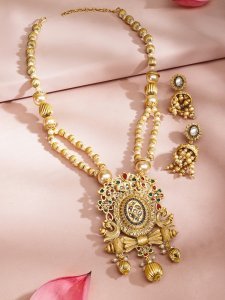 22K Gold Plated Ruby,Emerald Kundan Studded Pearl & Gold Beaded Jewellery Set